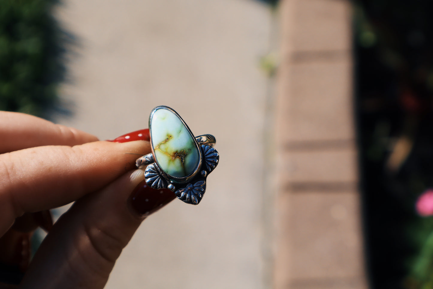 Palomino turquoise “Cactus flower” ring Size 9. Sterling. Hand stamped band.