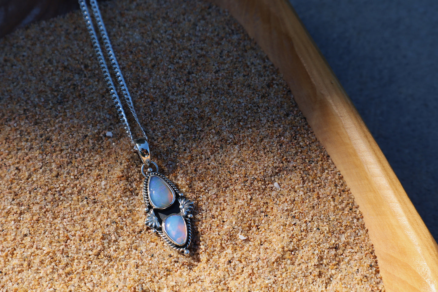 Stunning double purple opal pendant, 18in flat curb chain, hand forged accents.