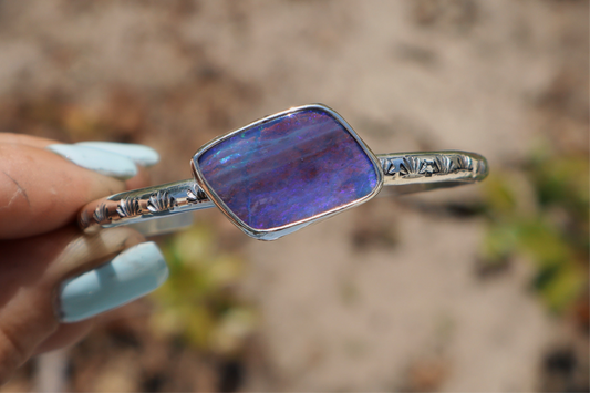 Big beautiful blurple boulder opal hand stamped cuff