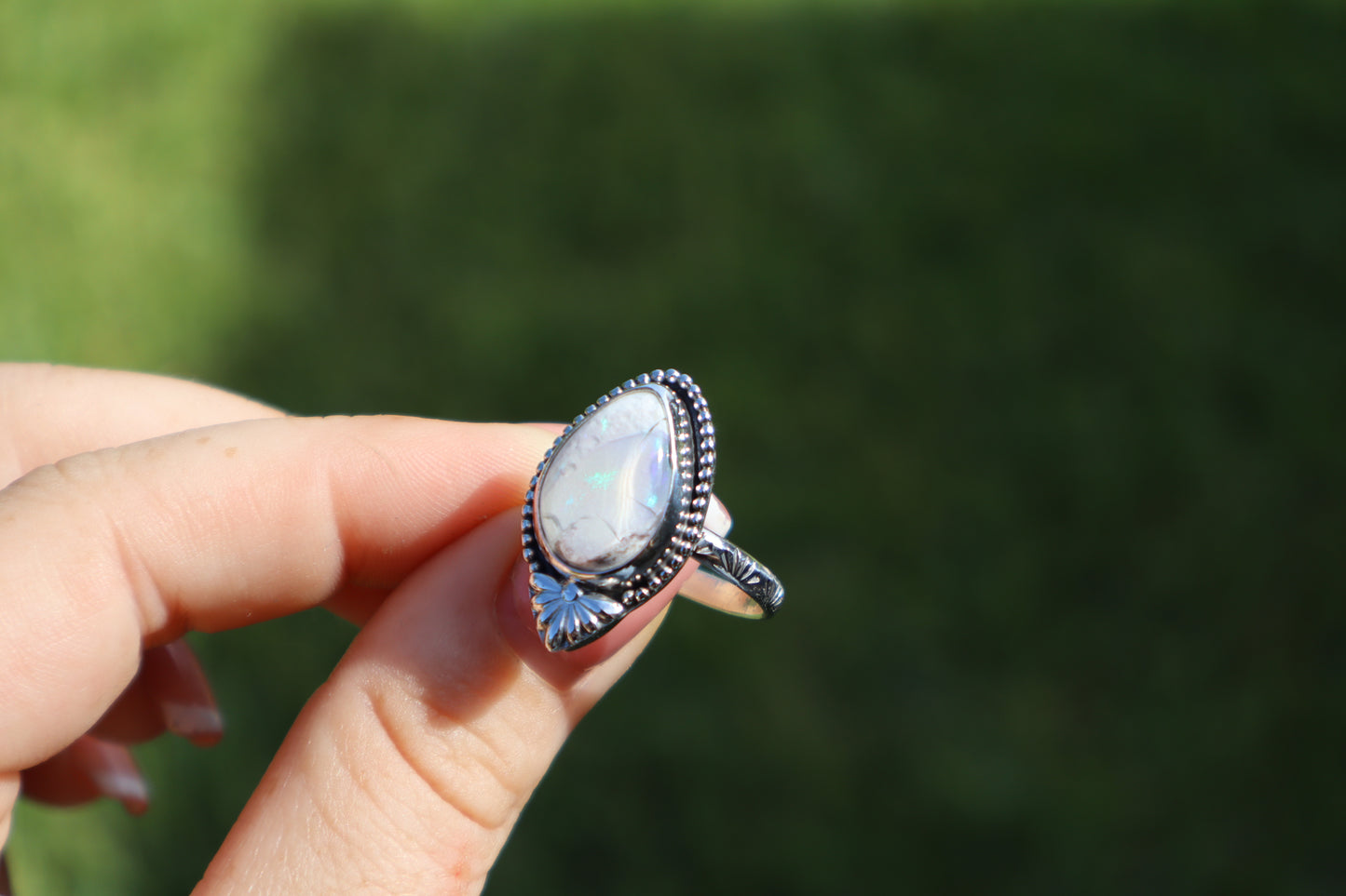 White Flashy Mexican opal “White Magnolia” Ring. Size 9