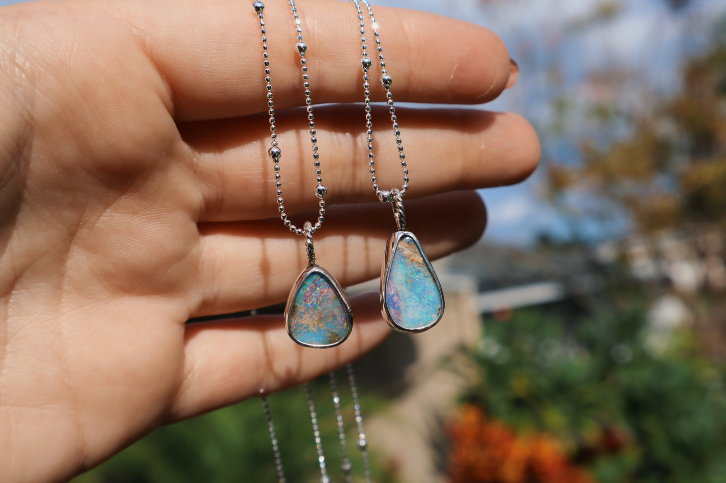 Rainbow boulder opal pendant 18 in satellite chain sterling silver