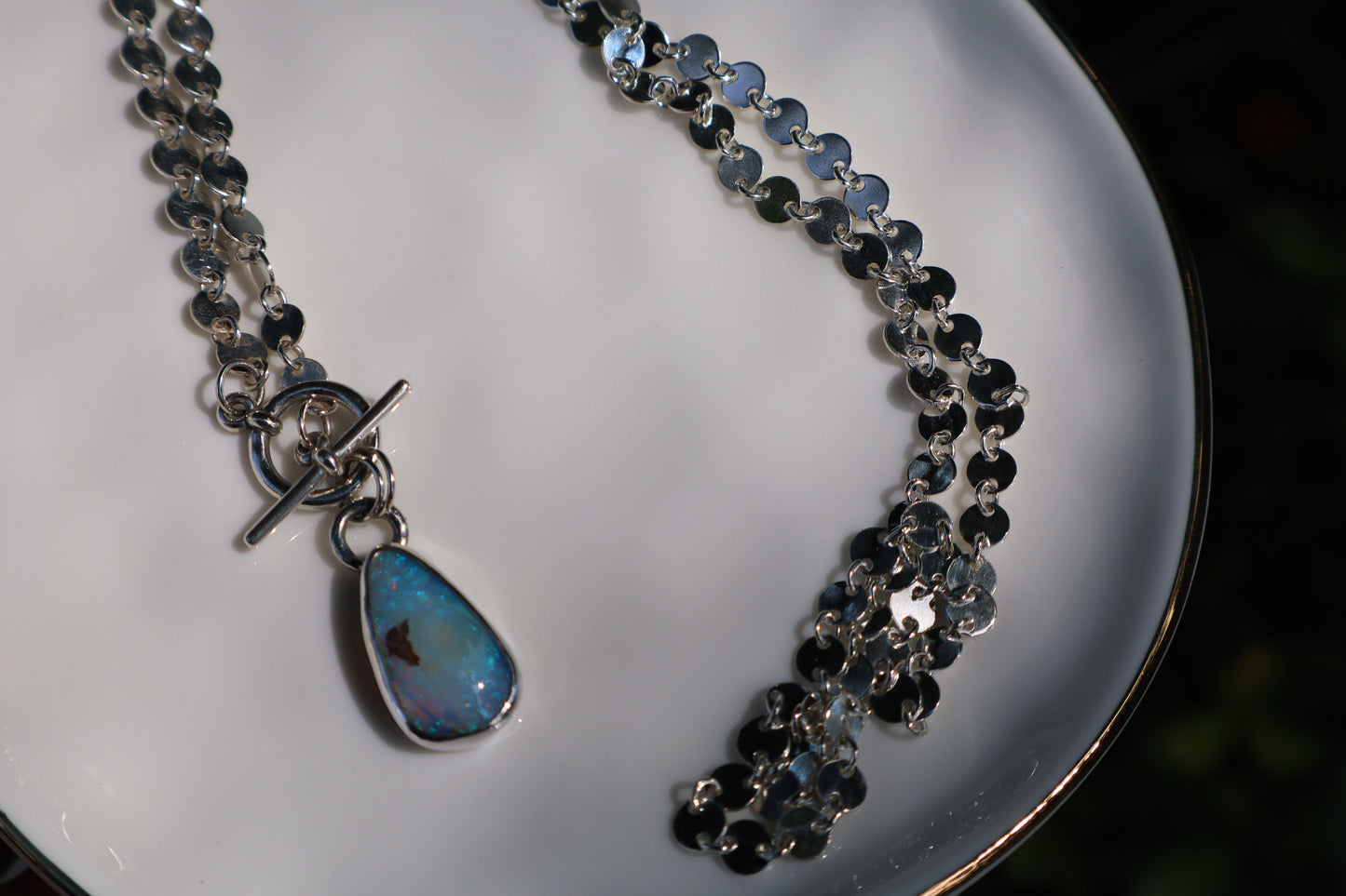 Crystal Blue purple and pink opal toggle necklace. 18in