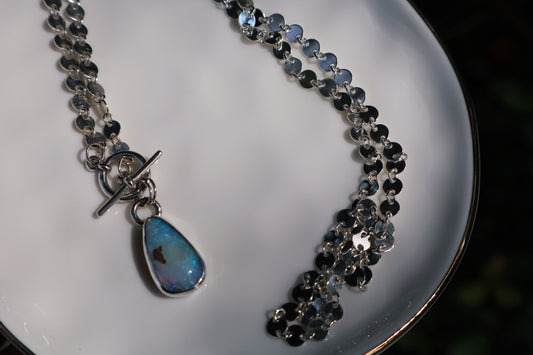 Crystal Blue purple and pink opal toggle necklace. 18in