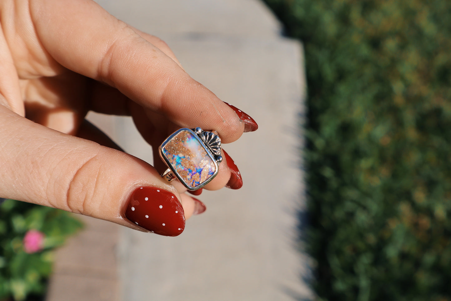 Wood replacement boulder opal statement ring. Size 7.5. Hand stamped band, hand forged silver accents