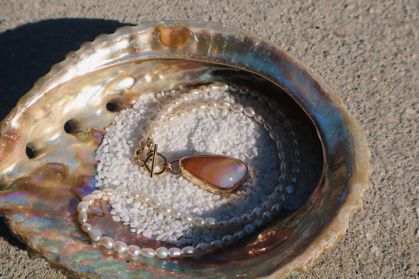 14k gold filled Australian opal pendant on Fresh water pearl beads, toggle clasp
