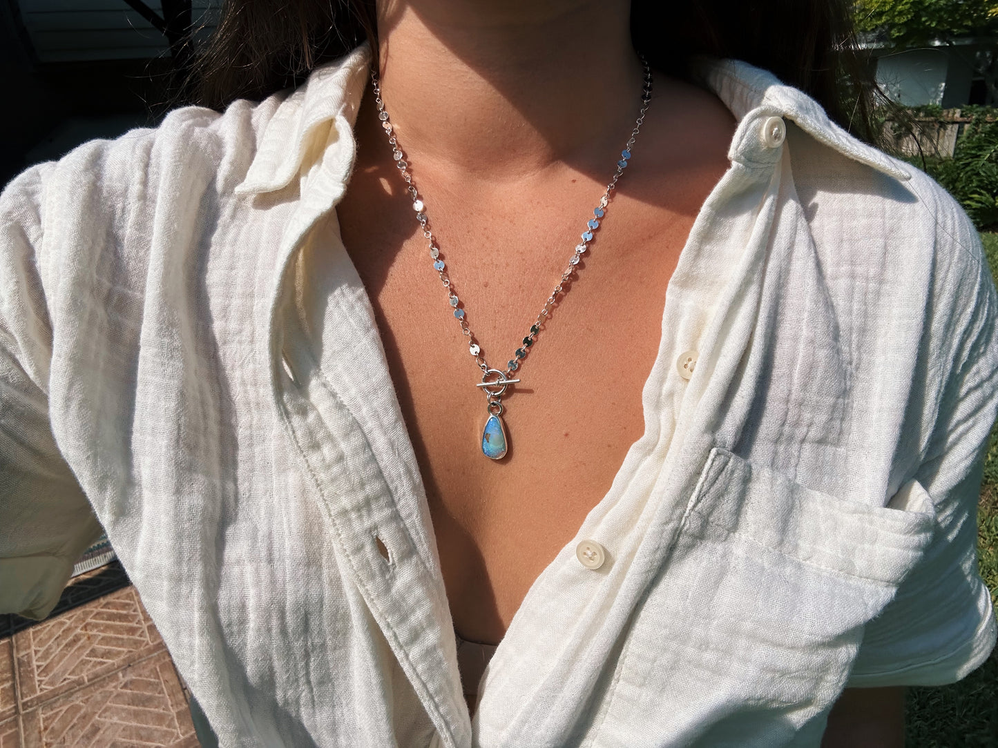 Crystal Blue purple and pink opal toggle necklace. 18in