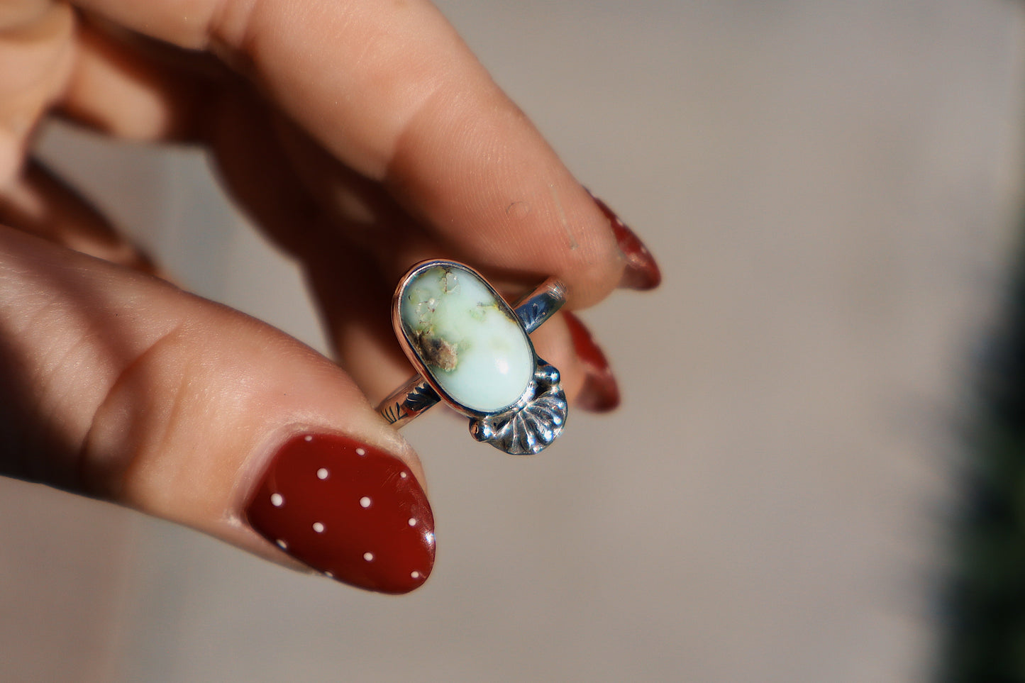 Palomino turquoise “cactus flower” ring size 8, Sterling.