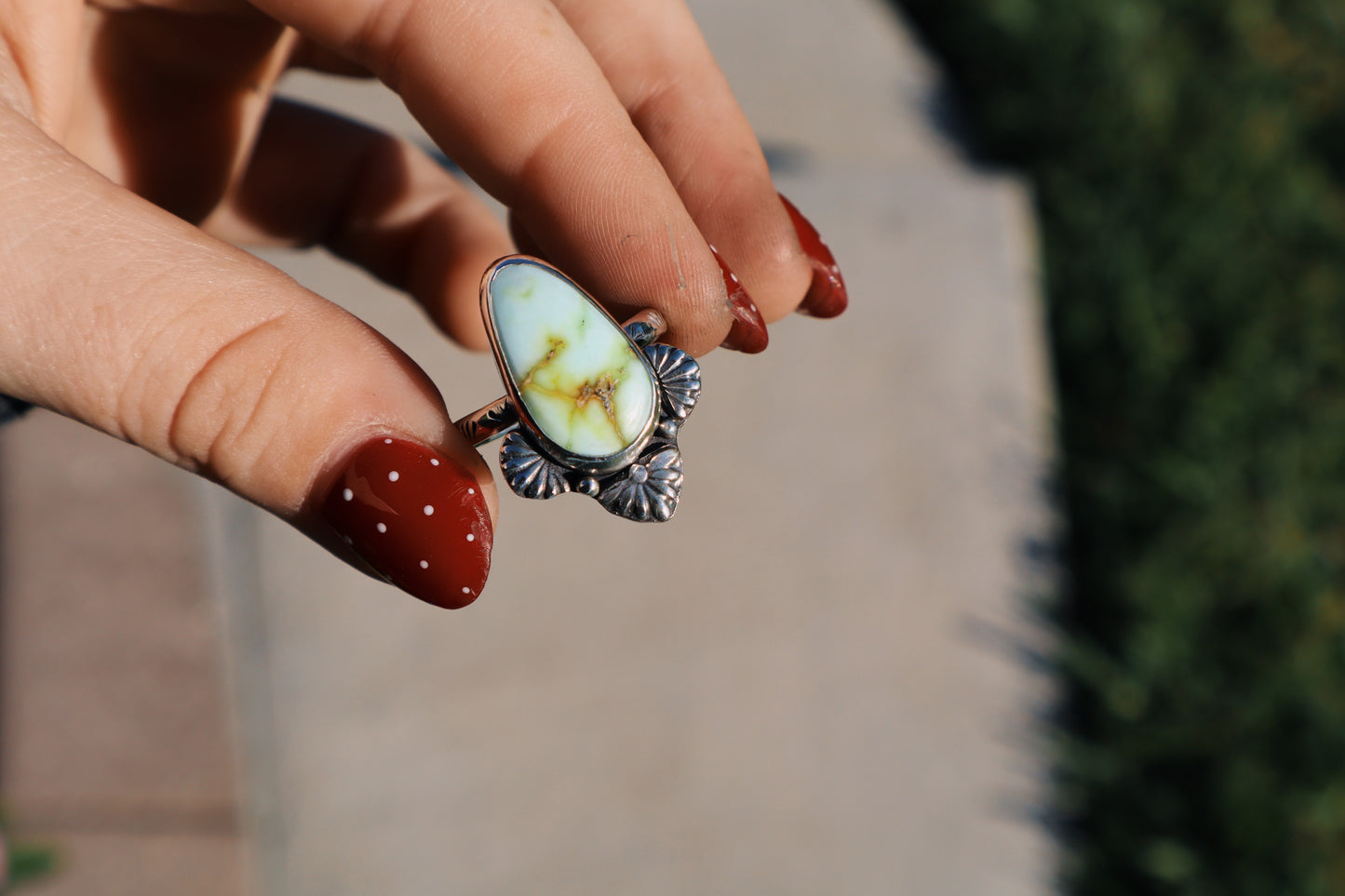 Palomino turquoise “Cactus flower” ring Size 9. Sterling. Hand stamped band.
