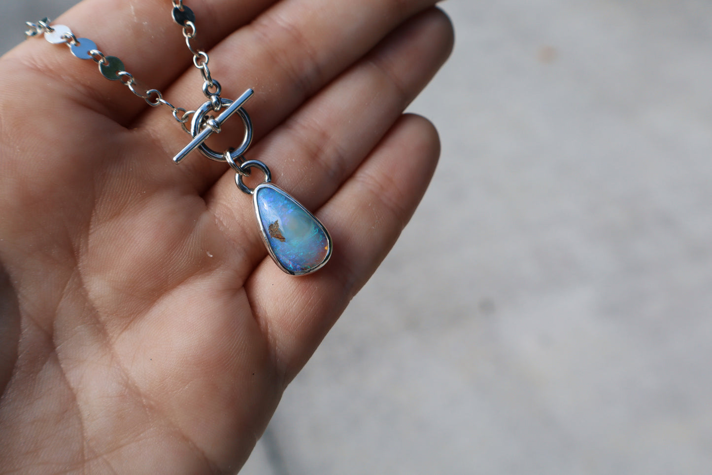 Crystal Blue purple and pink opal toggle necklace. 18in