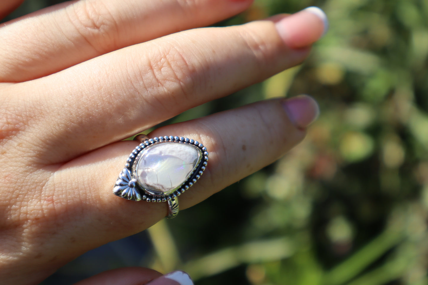 White Flashy Mexican opal “White Magnolia” Ring. Size 9