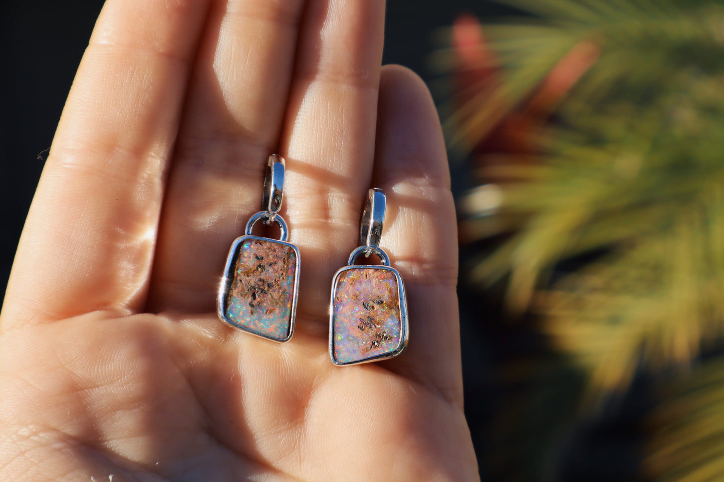 Sparkly matching pipe opal huggie earrings. Sterling silver