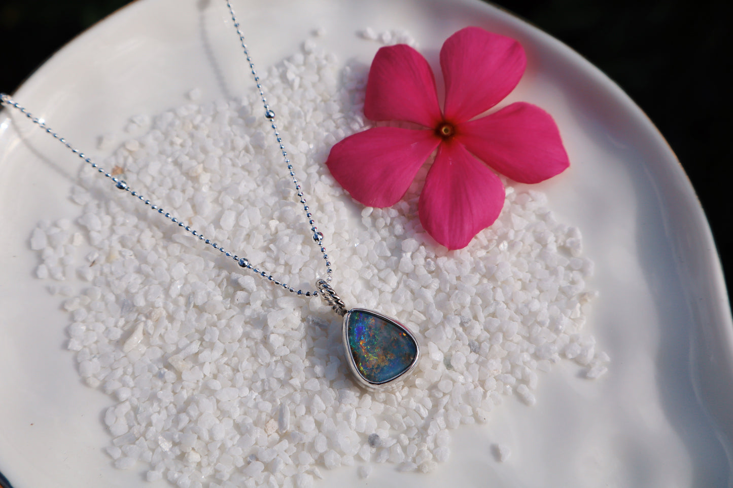 Rainbow boulder opal pendant 18 in satellite chain sterling silver