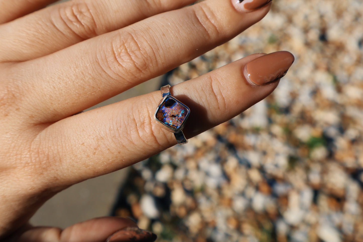 Sparkly purple boulder opal ring, size 6 hammer textured square band sterling silver