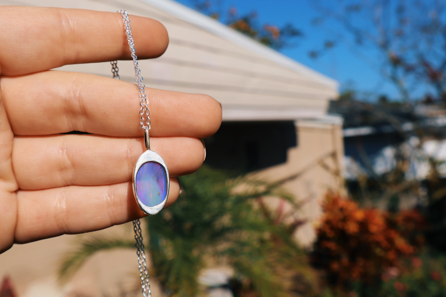 Purple blue swirl opal pendant, open back. Sterling silver, 18-20in cable chain included.