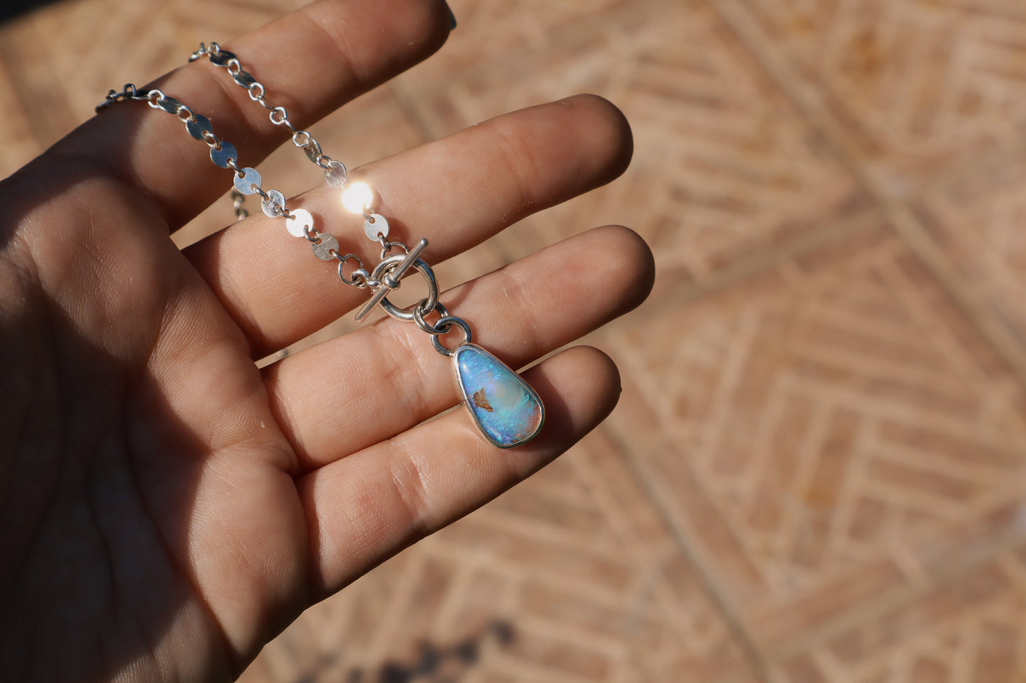 Crystal Blue purple and pink opal toggle necklace. 18in