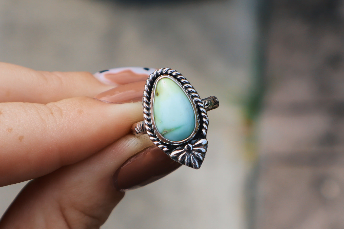 Palomino “cactus flower” ring. Size 6. Hand stamped band, sterling silver