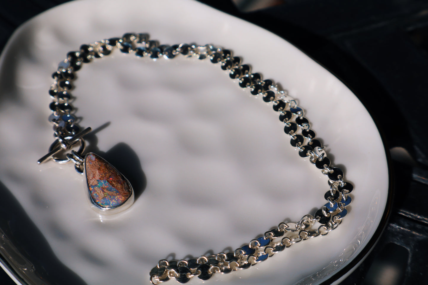 Firecracker 🧨 Wood pipe opal toggle necklace. 18in circle link chain.