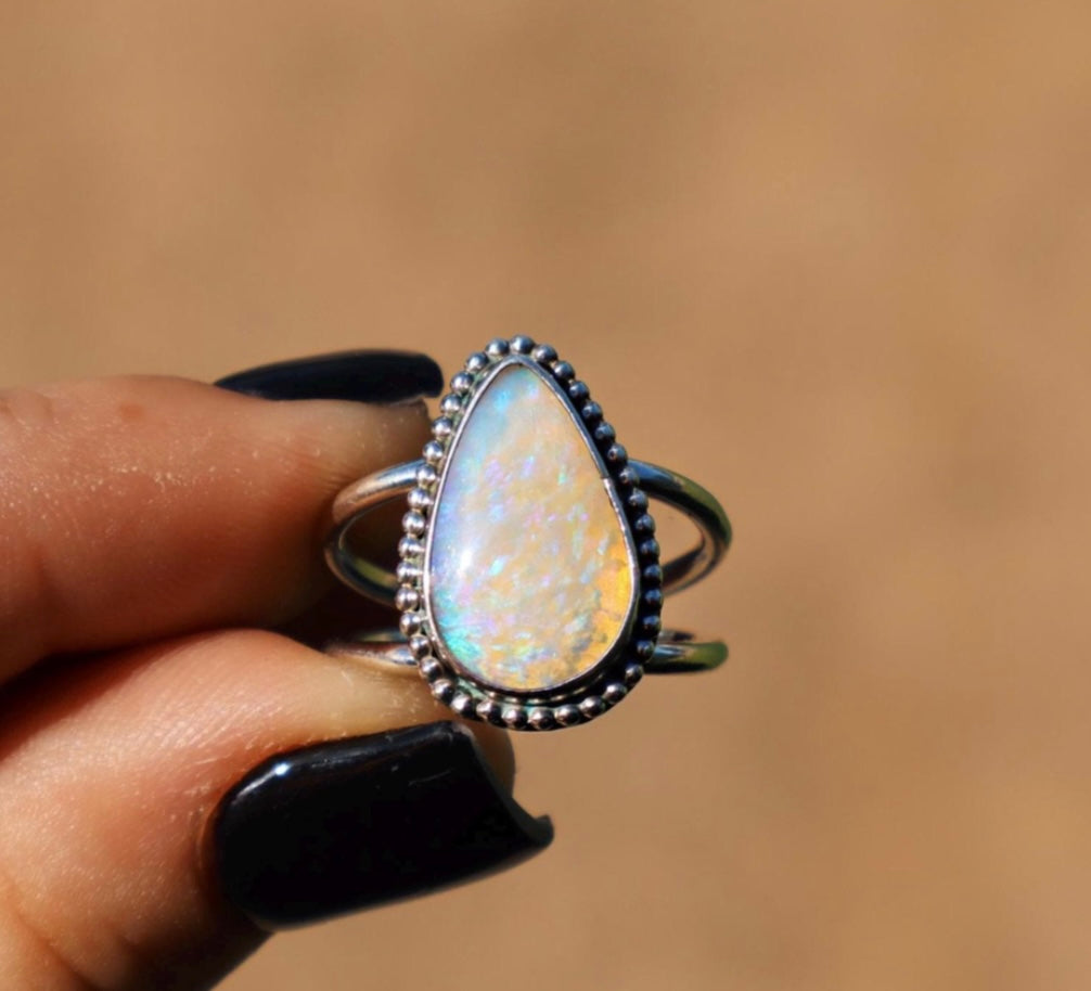 Cloudy tear drop Opal ring, size US 6