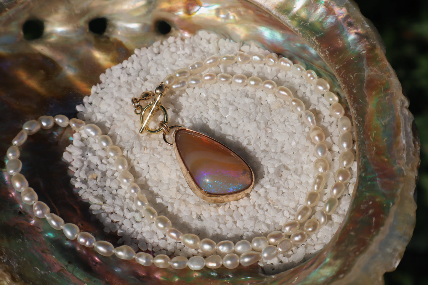 14k gold filled Australian opal pendant on Fresh water pearl beads, toggle clasp