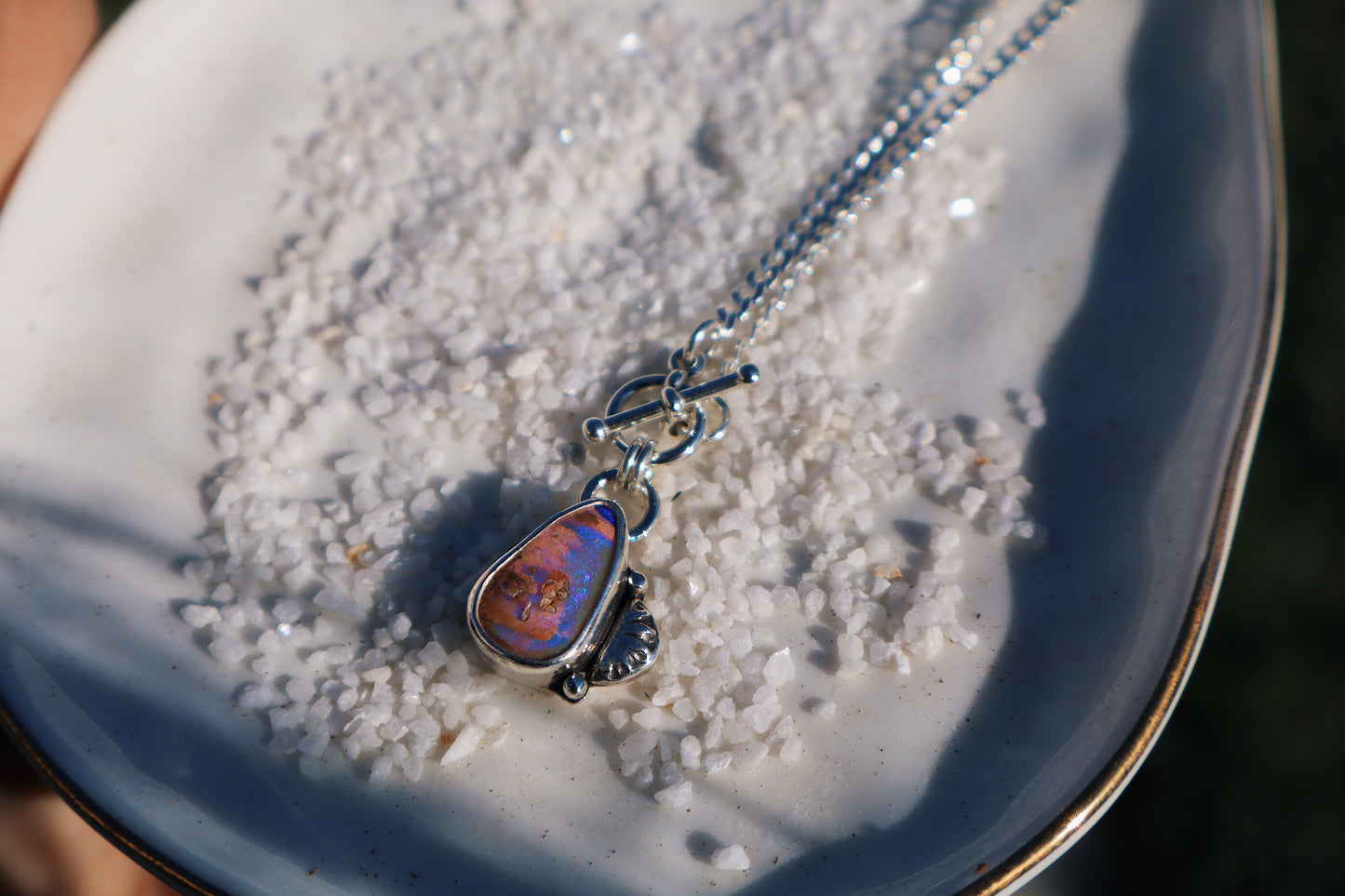 Purple Tear drop opal, 18in flat curb chain with toggle clasp. Sterling silver.