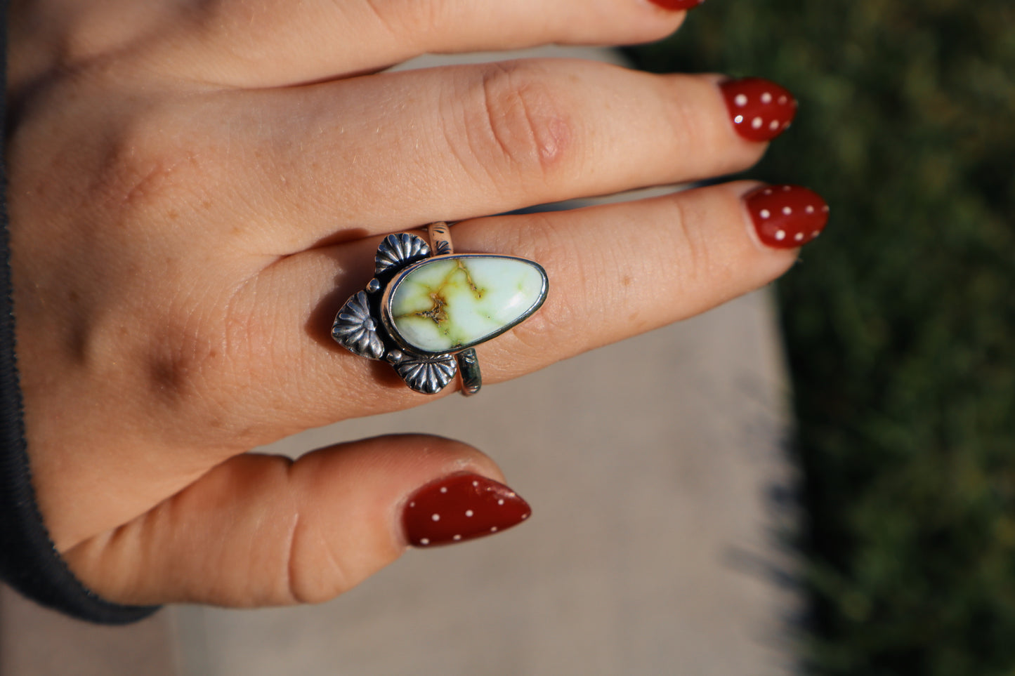 Palomino turquoise “Cactus flower” ring Size 9. Sterling. Hand stamped band.