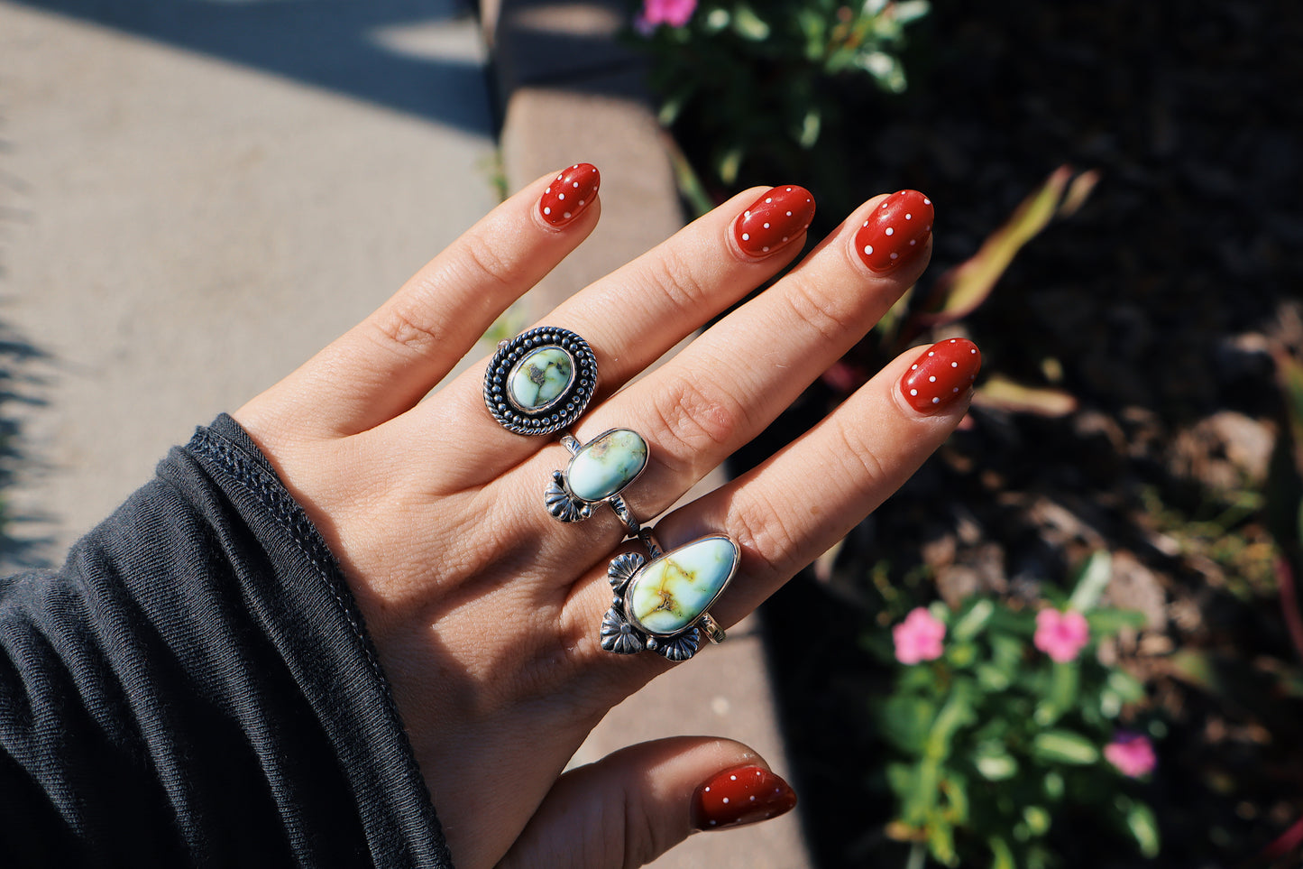 Palomino turquoise “Cactus flower” ring Size 9. Sterling. Hand stamped band.