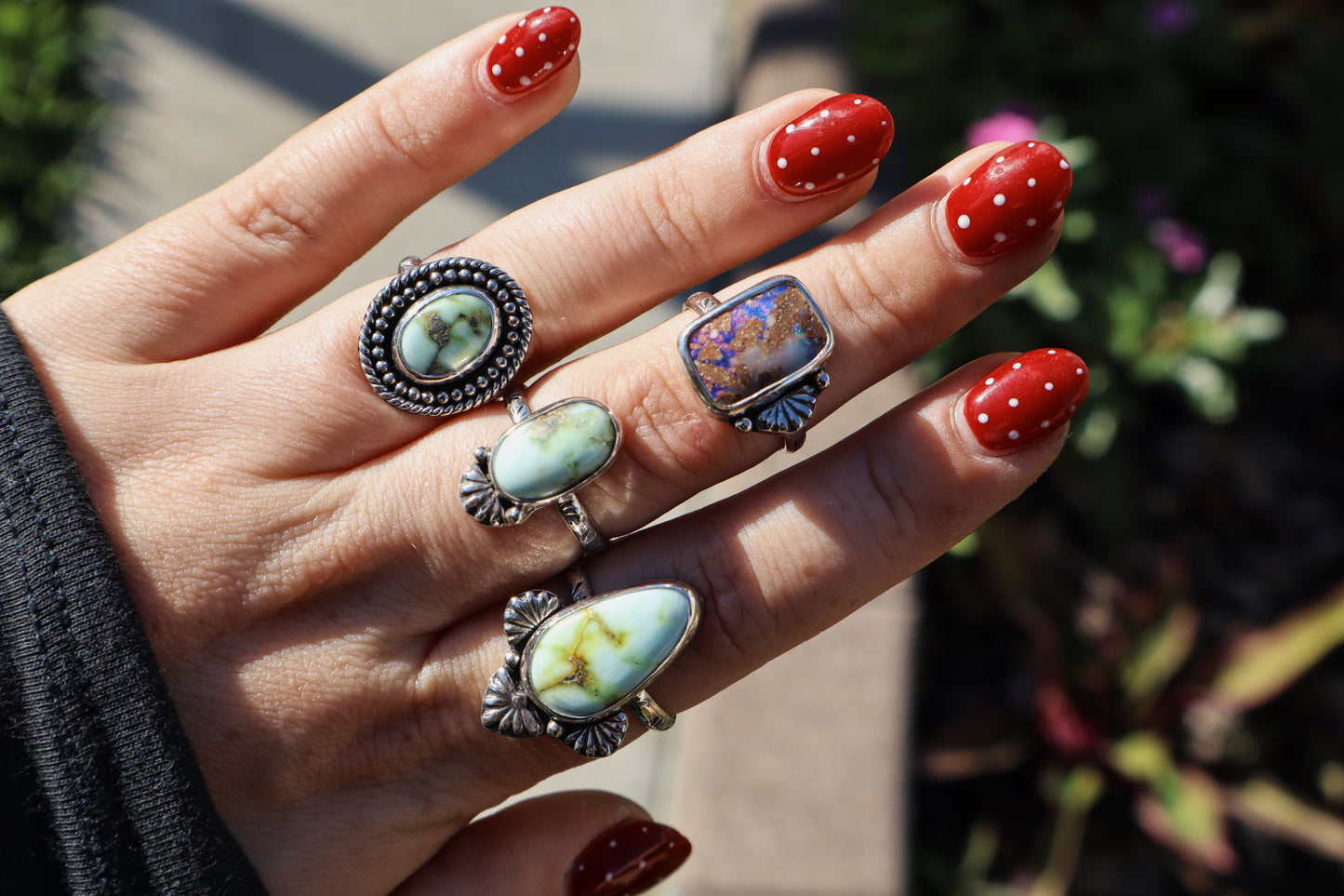 Palomino turquoise “Cactus flower” ring Size 9. Sterling. Hand stamped band.