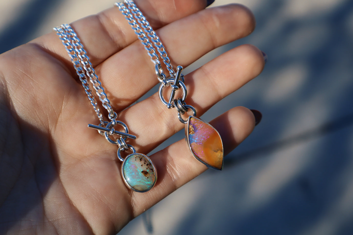 Stunning Teal wood boulder opal pendant, 18 inches, toggle clasp. Sterling silver, diamond cut curb chain.