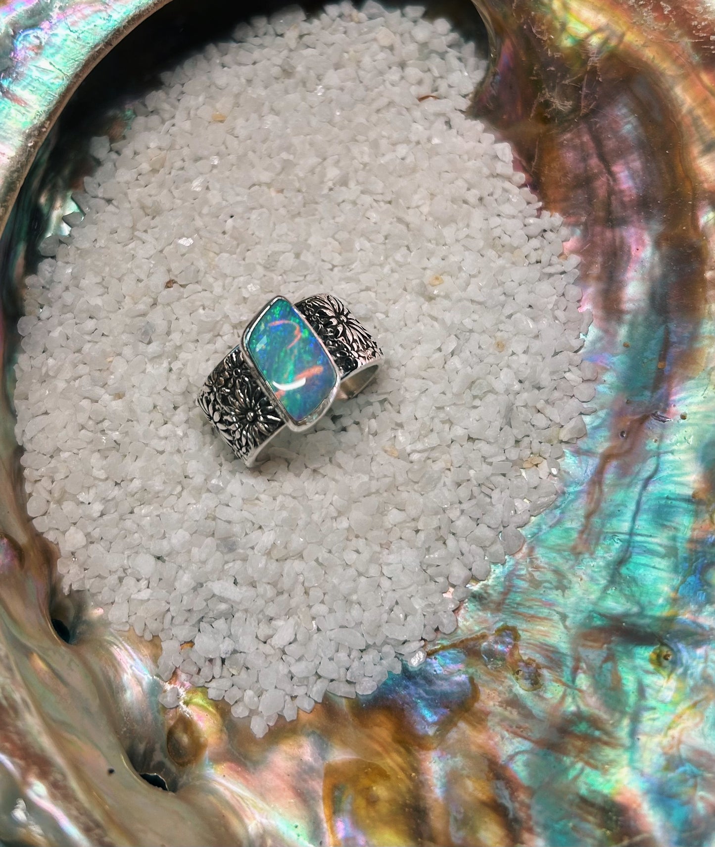 Crystal Opal flower band ring size 7(fits6.75) Sterling silver.