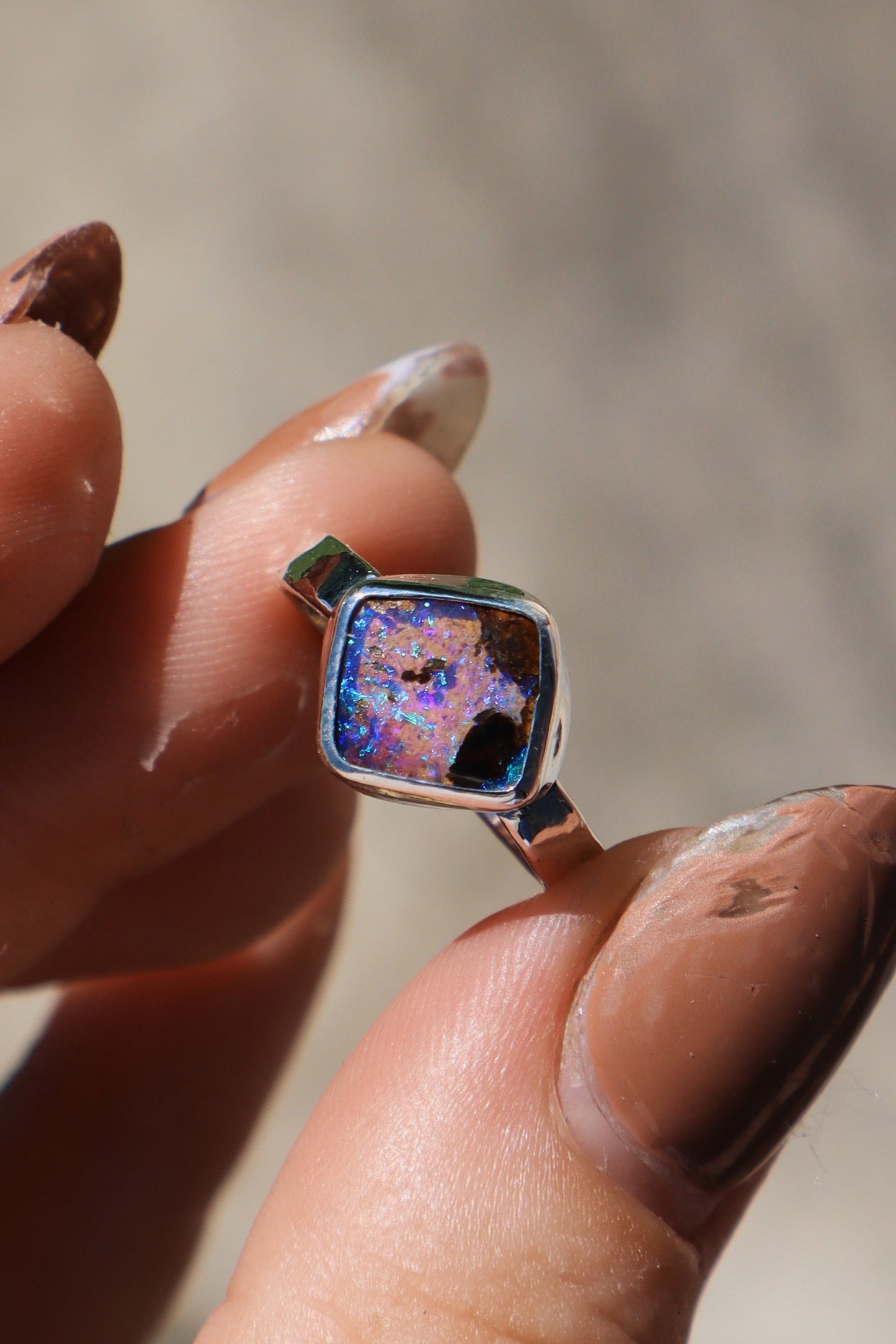 Sparkly purple boulder opal ring, size 6 hammer textured square band sterling silver