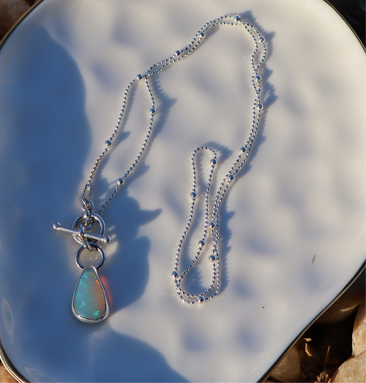 Blue green flashy Crystal opal necklace. 18 in satellite toggle style
