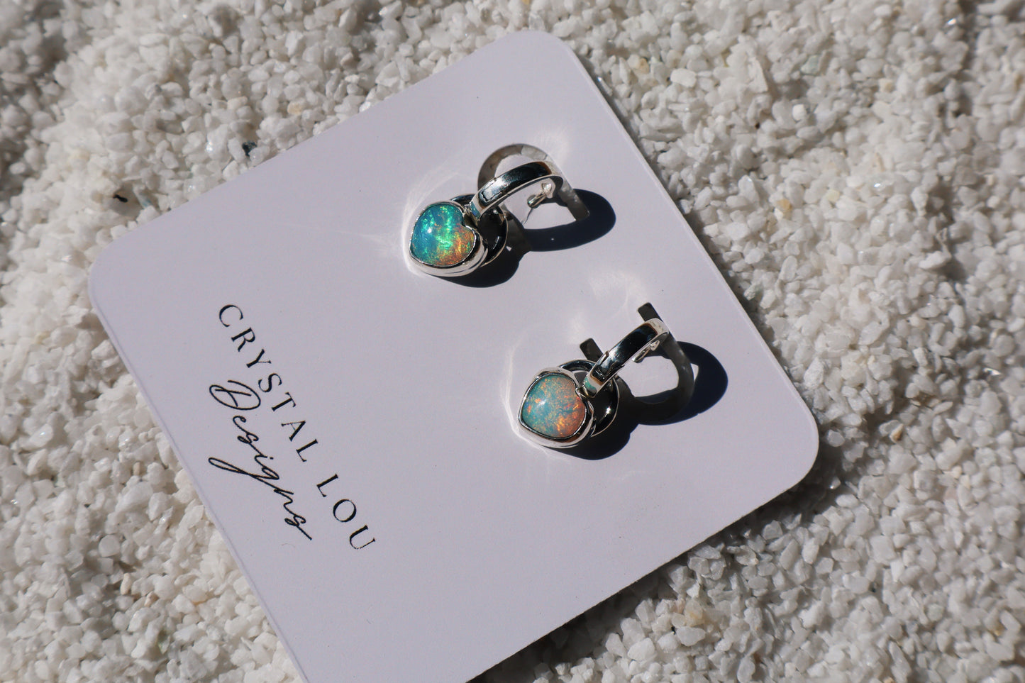 Heart Huggies, opal hoop earrings. Gold Fill