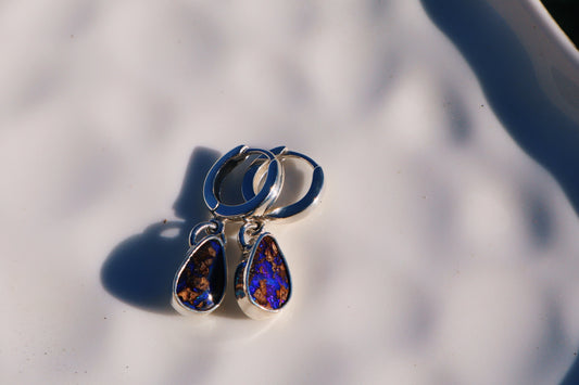 Purple wood, boulder opal huggie hoops. Sterling.