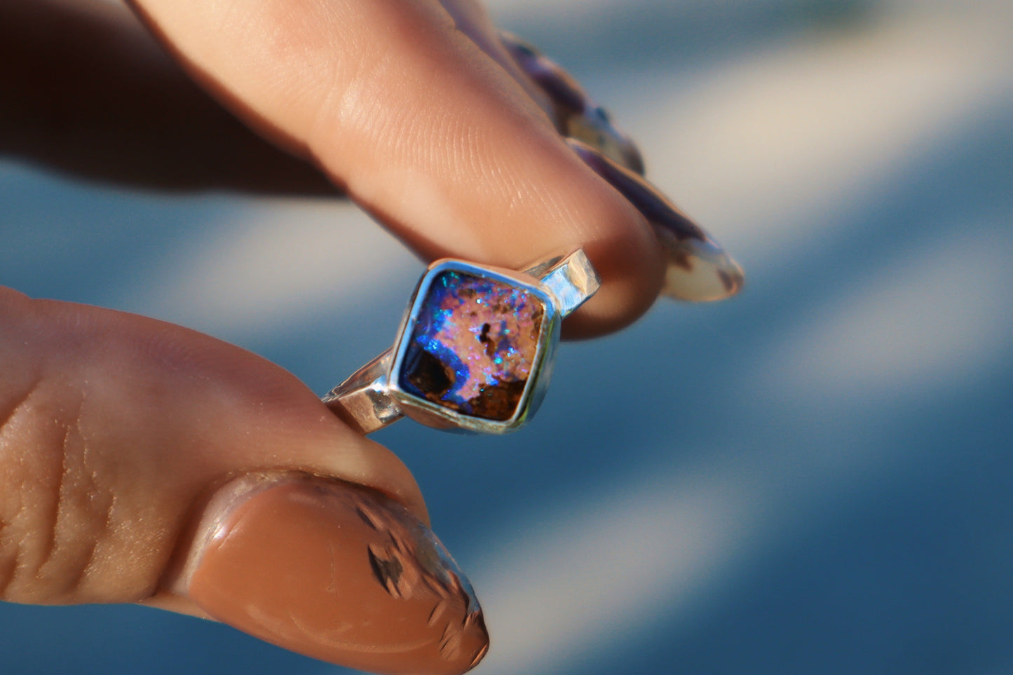 Sparkly purple boulder opal ring, size 6 hammer textured square band sterling silver