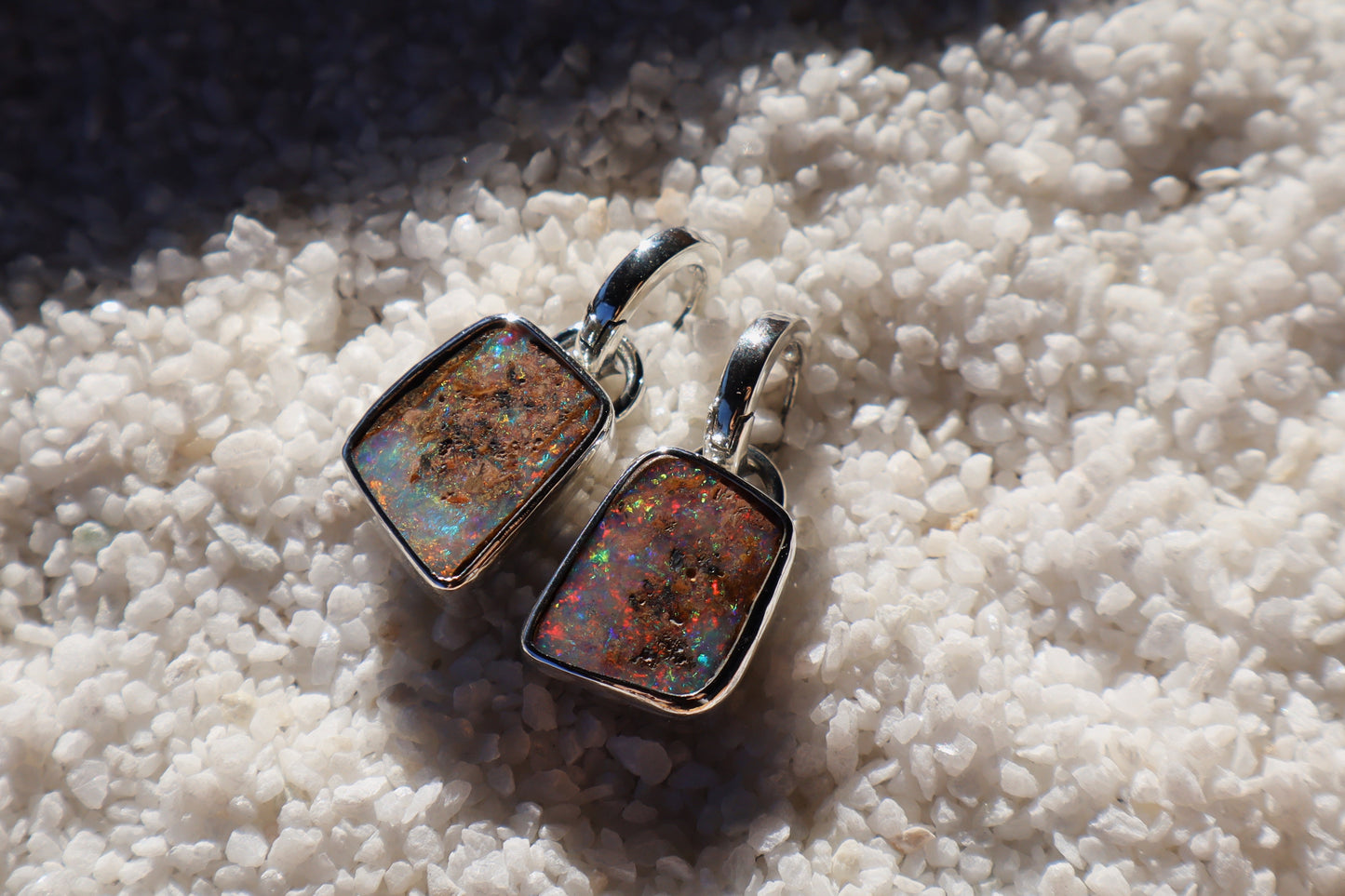 Sparkly matching pipe opal huggie earrings. Sterling silver