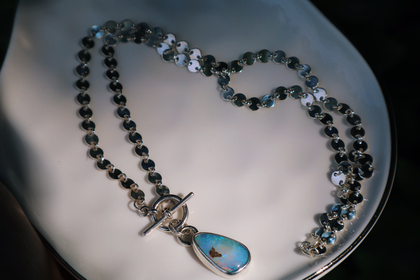 Crystal Blue purple and pink opal toggle necklace. 18in