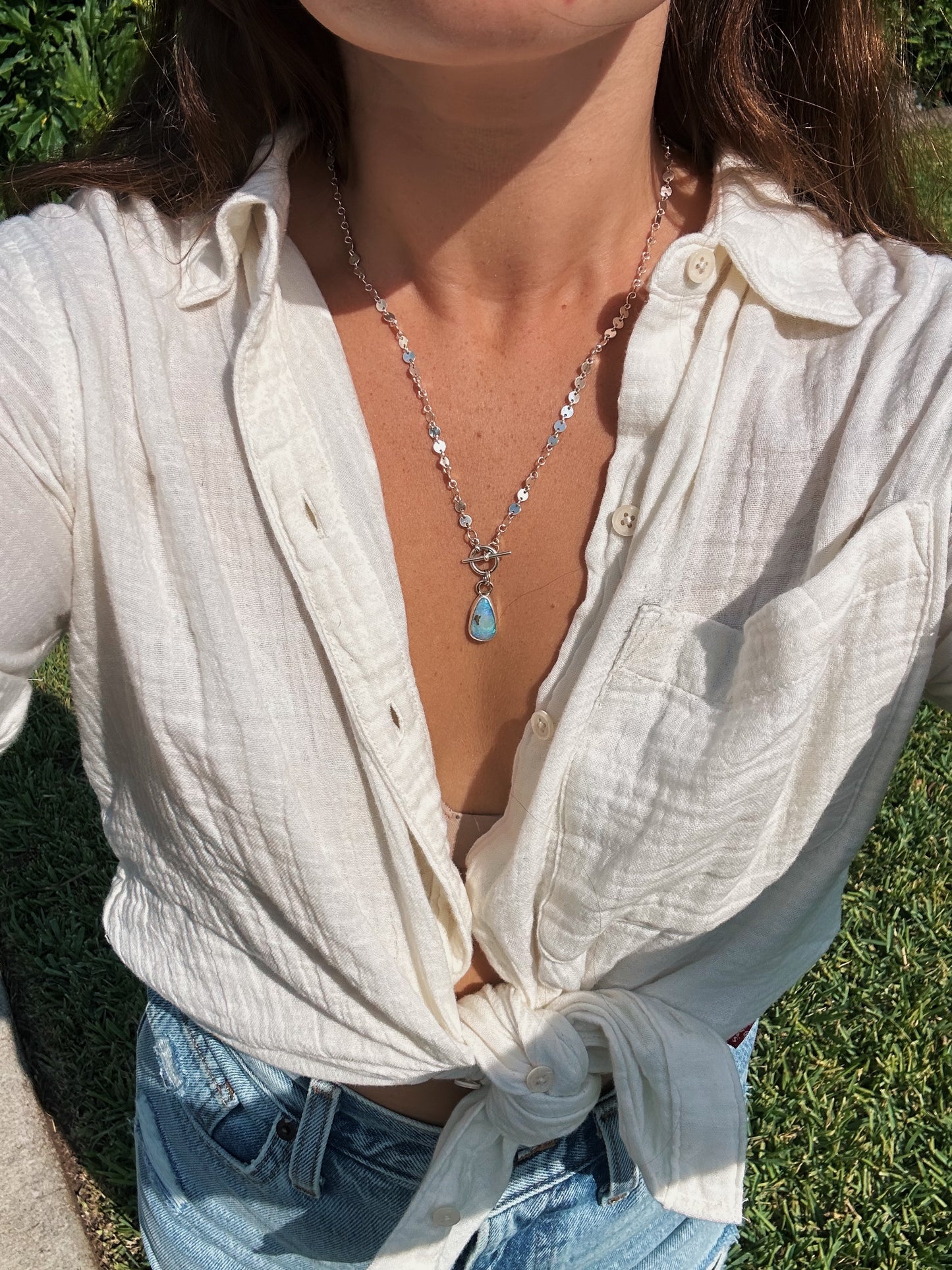 Crystal Blue purple and pink opal toggle necklace. 18in