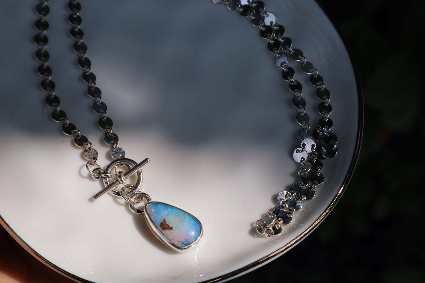 Crystal Blue purple and pink opal toggle necklace. 18in