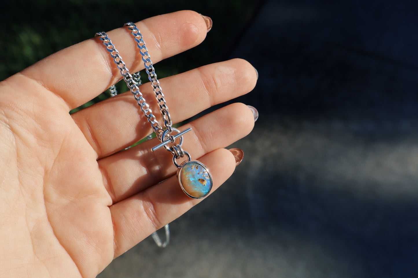 Stunning Teal wood boulder opal pendant, 18 inches, toggle clasp. Sterling silver, diamond cut curb chain.