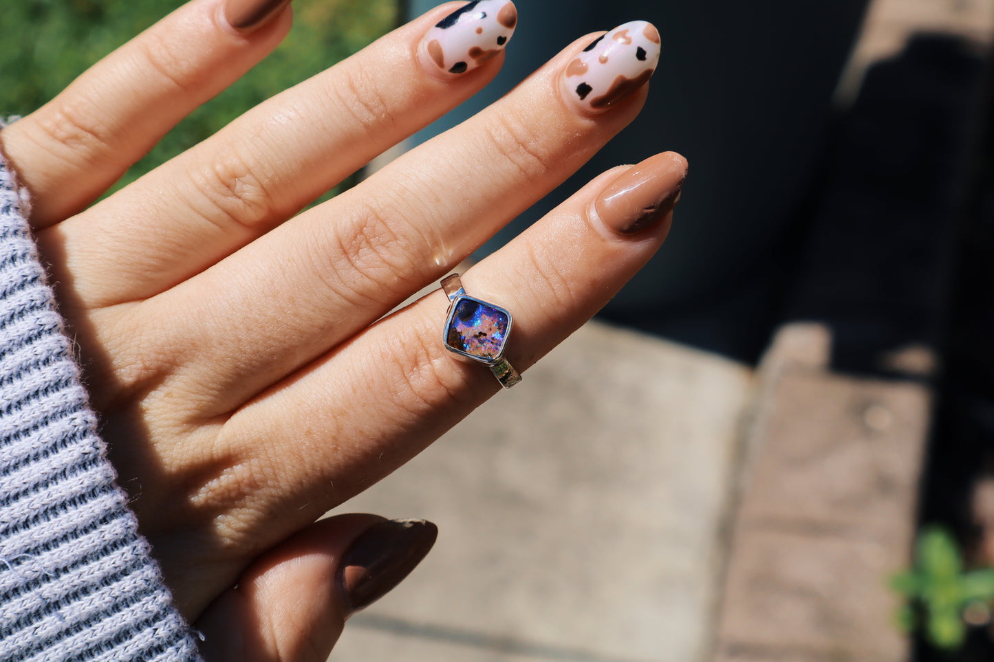 Sparkly purple boulder opal ring, size 6 hammer textured square band sterling silver