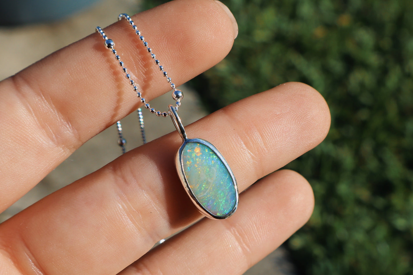 Colorful Australian opal pendant, 18in satellite chain included.
