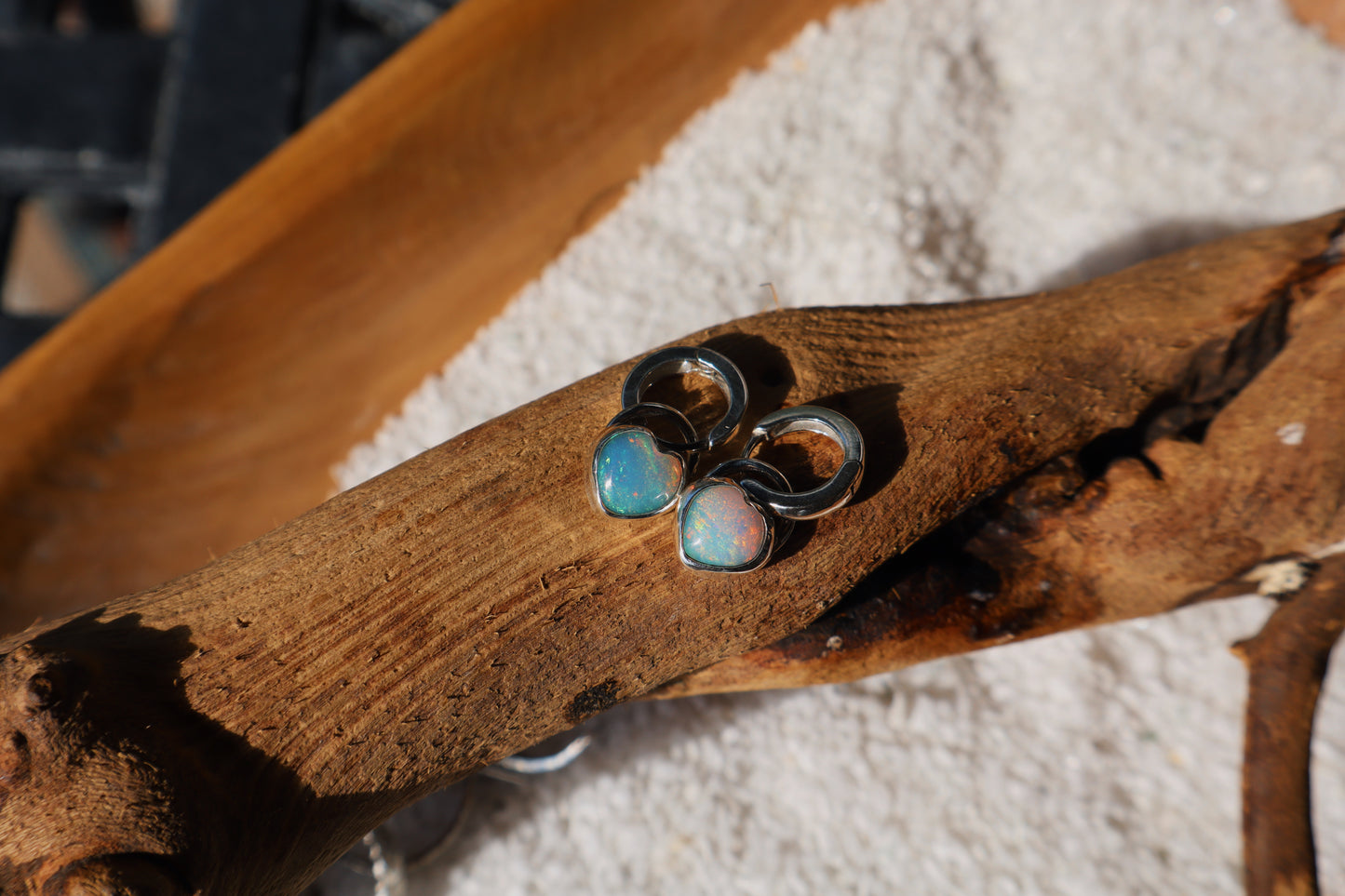 Heart Huggies, opal hoop earrings. Gold Fill