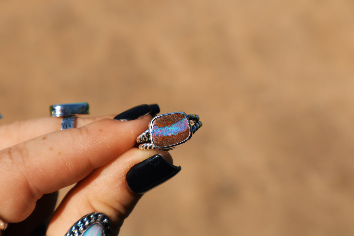 Blue purple river boulder opal ring double rope band, size US 5.5