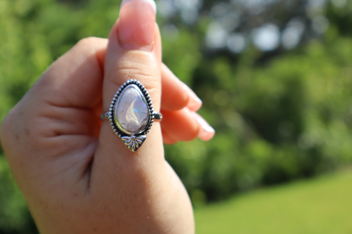 White Flashy Mexican opal “White Magnolia” Ring. Size 9