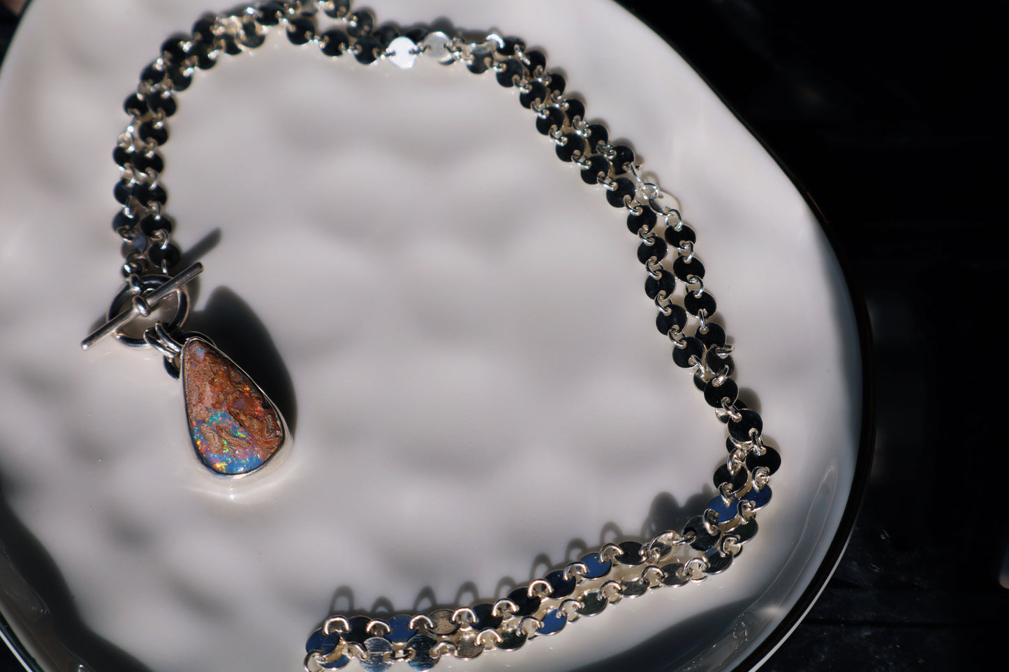 Firecracker 🧨 Wood pipe opal toggle necklace. 18in circle link chain.