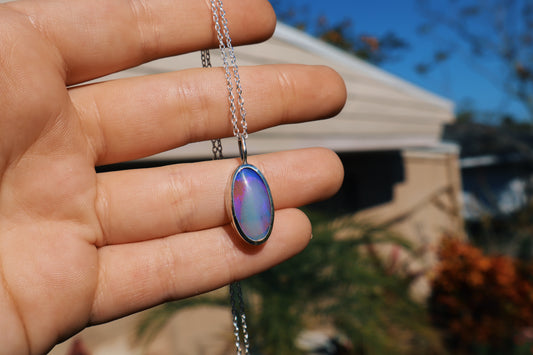 Purple blue swirl opal pendant, open back. Sterling silver, 18-20in cable chain included.