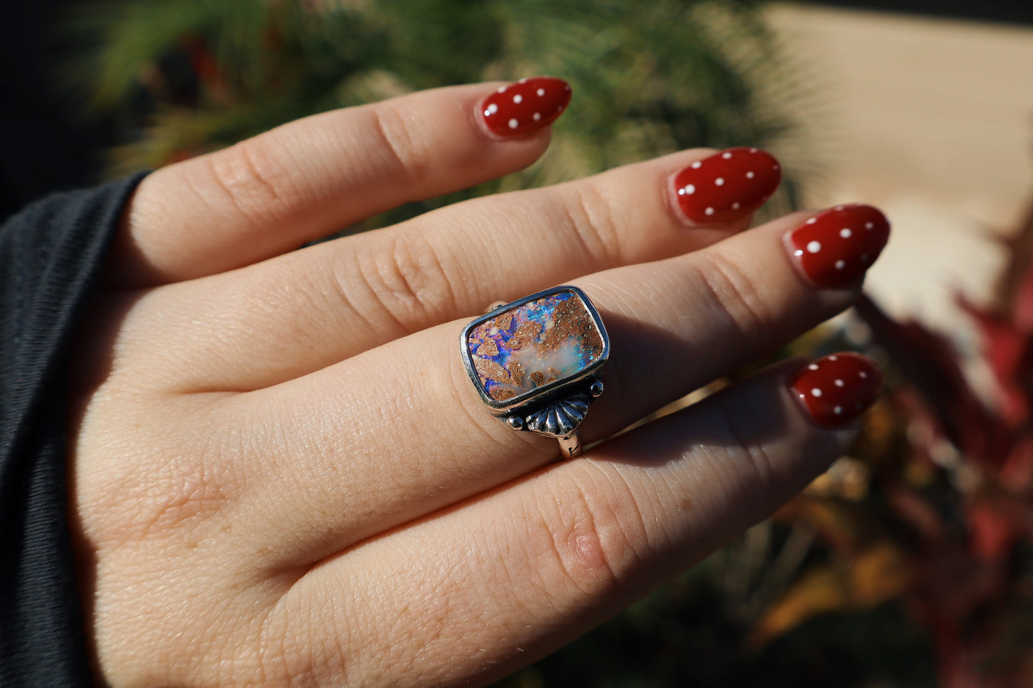 Wood replacement boulder opal statement ring. Size 7.5. Hand stamped band, hand forged silver accents