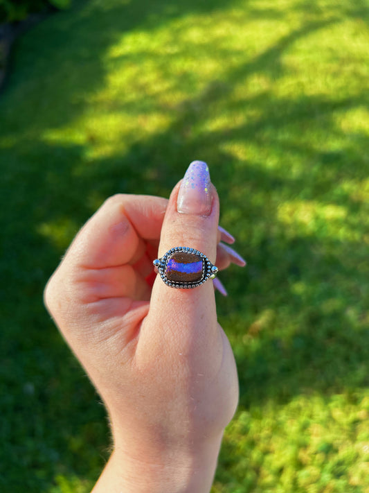 Blue-Purple River boulder opal ring, Size US 7.5