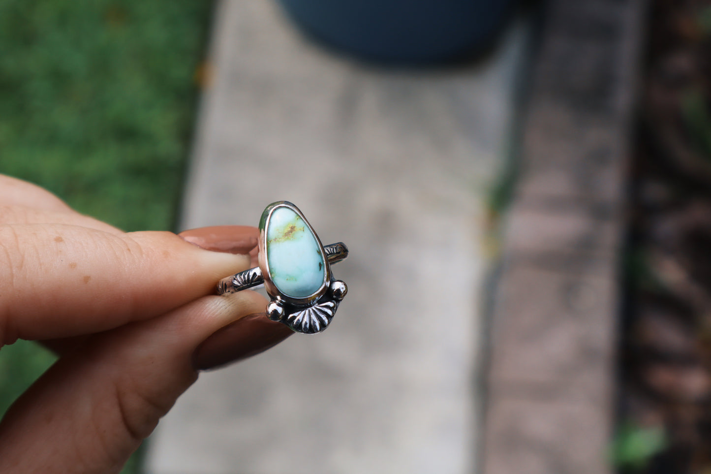 Palomino “cactus flower” ring, size 9. Hand stamped band, sterling silver