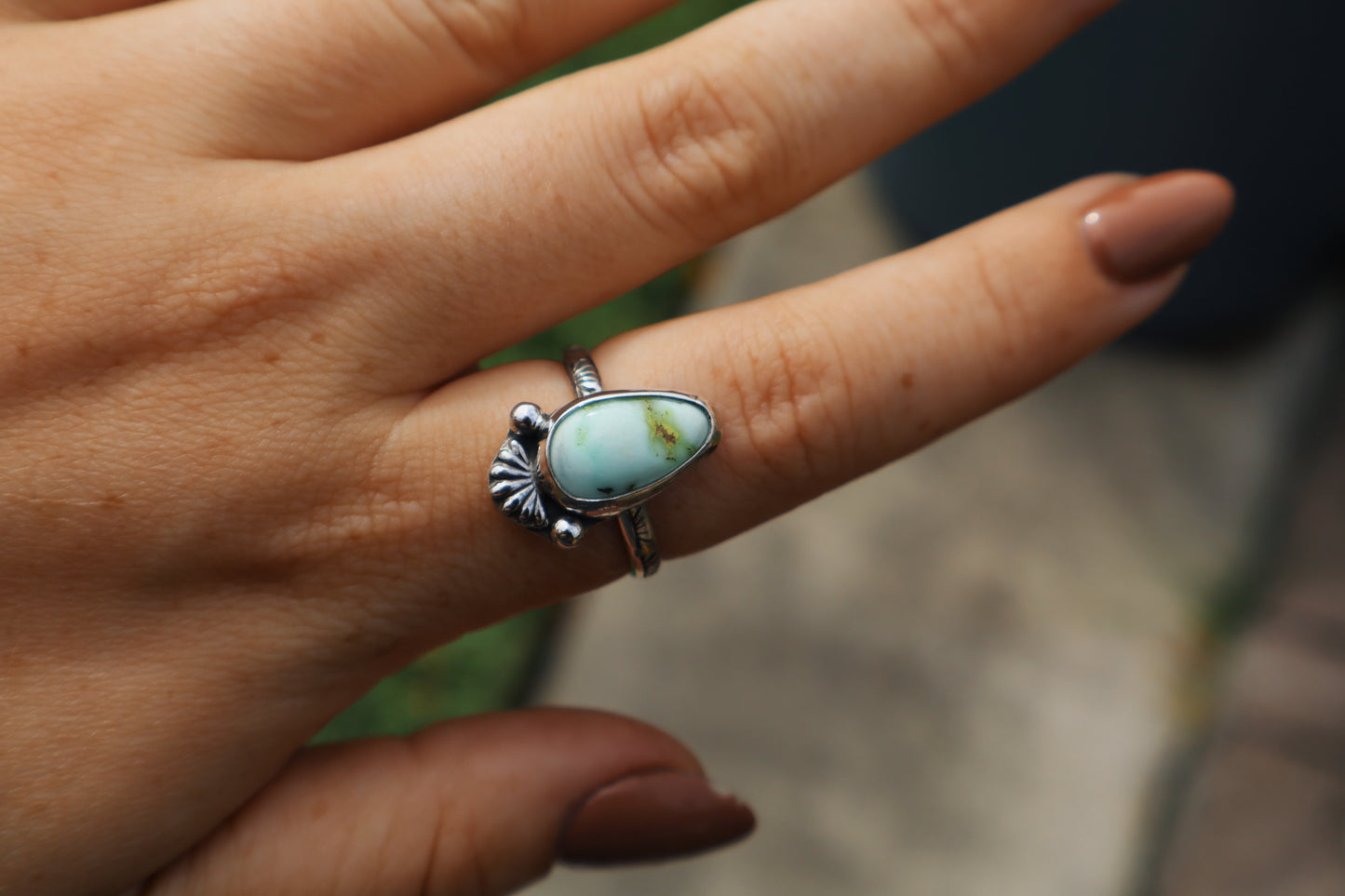Palomino “cactus flower” ring, size 9. Hand stamped band, sterling silver